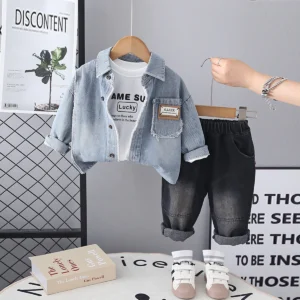 Boys Light Blue Solid Denim Shirt With T-Shirt & Denim Pants Set