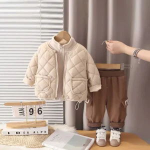 Beige Hooded Zipper Jacket With Quilted Vest & Jogger Sets
