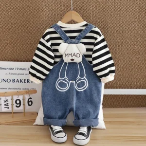 Boys Black Striped Sweatshirt With Denim Dungaree Set